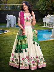 Adoring Off-White Embroidered Cotton Traditional Lehenga Choli With Pink Dupatta