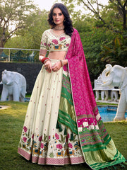 Adoring Off-White Embroidered Cotton Traditional Lehenga Choli With Pink Dupatta