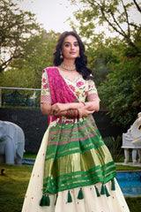 Adoring Off-White Embroidered Cotton Traditional Lehenga Choli With Pink Dupatta