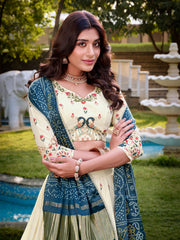 Fantastic Off-White Thread Work Cotton Lehenga Choli With Teal Blue Dupatta