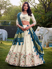 Fantastic Off-White Thread Work Cotton Lehenga Choli With Teal Blue Dupatta