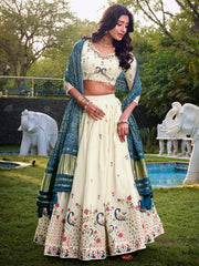 Fantastic Off-White Thread Work Cotton Lehenga Choli With Teal Blue Dupatta