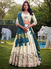 Fantastic Off-White Thread Work Cotton Lehenga Choli With Teal Blue Dupatta