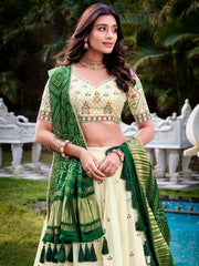 Great Off-White Thread Work Cotton Wedding Lehenga Choli With Green Dupatta