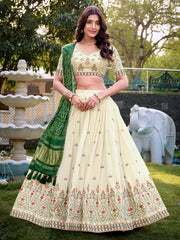 Great Off-White Thread Work Cotton Wedding Lehenga Choli With Green Dupatta