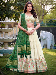 Great Off-White Thread Work Cotton Wedding Lehenga Choli With Green Dupatta