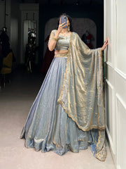 ENCHANTING SKY BLUE THREAD WORK ORGANZA BRIDESMAID LEHENGA CHOLI WITH DUPATTA