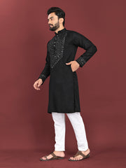 Black Color Men's Kurta Pajama Set In Soft Silk With Real Mirror Work On Neck