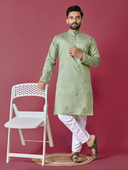 Pista Color Men's Kurta Pajama Set In Roman Silk With Val Moti Hand Work