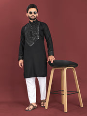 Black Color Men's Kurta Pajama Set In Soft Silk With Real Mirror Work On Neck