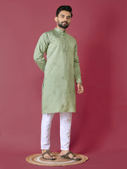 Pista Color Men's Kurta Pajama Set In Roman Silk With Val Moti Hand Work
