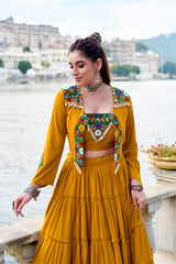 ELEGANT MUSTARD COLOR PURE RAYON NAVRATRI LEHENGA CHOLI
