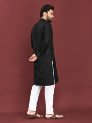 Black Color Men's Kurta Pajama Set In Soft Silk With Real Mirror Work On Neck