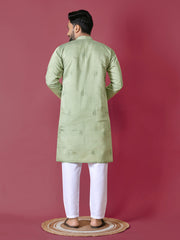 Pista Color Men's Kurta Pajama Set In Roman Silk With Val Moti Hand Work