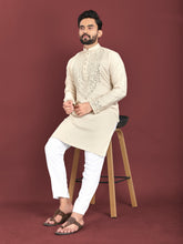 Off White Color Men's Kurta Pajama Set In Soft Silk With Real Mirror Work On Neck