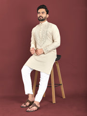 Off White Color Men's Kurta Pajama Set In Soft Silk With Real Mirror Work On Neck