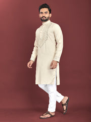 Off White Color Men's Kurta Pajama Set In Soft Silk With Real Mirror Work On Neck