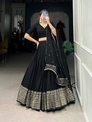 MARVELOUS BLACK ZARI WEAVING CHANDERI SANGEET WEAR LEHENGA CHOLI