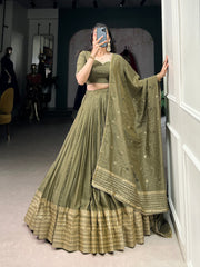 Dazzling Olive Green Chanderi Function Wear Lehenga Choli With Dupatta