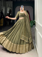 Dazzling Olive Green Chanderi Function Wear Lehenga Choli With Dupatta