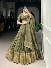 Dazzling Olive Green Chanderi Function Wear Lehenga Choli With Dupatta