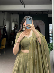 Dazzling Olive Green Chanderi Function Wear Lehenga Choli With Dupatta