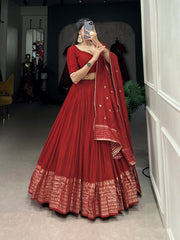 Astonishing Red Zari Weaving Chanderi Wedding Half Saree Lehenga Choli