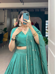 Amazing Sage Green Zari Weaving Chanderi Festival Wear Lehenga Choli