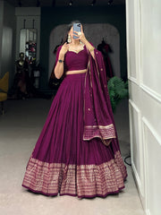 Outstanding Wine Zari Weaving Chanderi Lehenga Choli With Dupatta