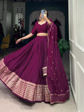 Outstanding Wine Zari Weaving Chanderi Lehenga Choli With Dupatta