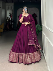 Outstanding Wine Zari Weaving Chanderi Lehenga Choli With Dupatta