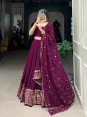 Outstanding Wine Zari Weaving Chanderi Lehenga Choli With Dupatta