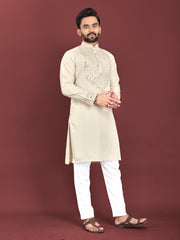 Off White Color Men's Kurta Pajama Set In Soft Silk With Real Mirror Work On Neck