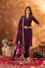 STYLISH PURPLE EMBROIDERED KURTA PANT SET WITH FLORAL DUPATTA