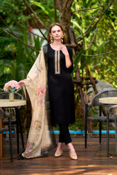 WOMEN'S BLACK VISCOSE RAYON EMBROIDERED STRAIGHT KURTA SET