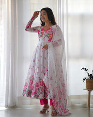 Beautiful White Floral Printed Organza Festival Wear Anarkali Suit