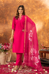 FABULOUS RANI PINK EMBROIDERED KURTA PANT SET WITH FLORAL DUPATTA