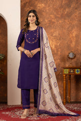 ELEGANT PURPLE EMBROIDERED FESTIVAL SUIT SET WITH PRINTED DUPATTA