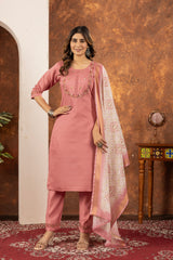 ELEGANT PEACH EMBROIDERED FESTIVAL SUIT SET WITH PRINTED DUPATTA