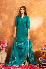 GORGEOUS TEAL BLUE EMBROIDERED KURTA PANT SET WITH FLORAL DUPATTA
