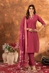 PRECIOUS BLUSH PINK EMBROIDERED KURTA PANT SET WITH FLORAL DUPATTA