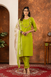 LIME GREEN FESTIVE KURTA SET WITH EMBROIDERED NECKLINE AND PRINTED DUPATTA