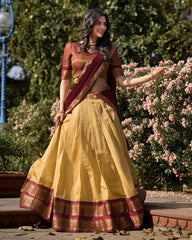 AMAZING CREAM ZARI WEAVING KANCHIPURAM SILK TRADITIONAL LEHENGA CHOLI BY MITVAL