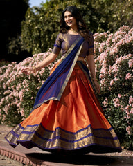 MARVELOUS ORANGE ZARI WEAVING KANCHIPURAM SILK LEHENGA CHOLI