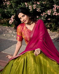 EXCELLENT GREEN ZARI WEAVING KANCHIPURAM SILK EVENT WEAR LEHENGA CHOLI