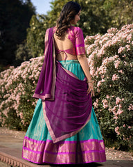 INCREDIBLE SKY-BLUE ZARI WEAVING KANCHIPURAM SILK LEHENGA CHOLI