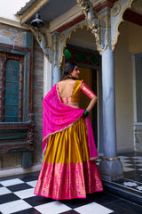 LOVELY MUSTARD YELLOW ZARI WEAVING SILK SOUTH INDIAN HALF SAREE LEHENGA