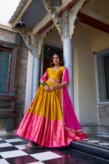 LOVELY MUSTARD YELLOW ZARI WEAVING SILK SOUTH INDIAN HALF SAREE LEHENGA