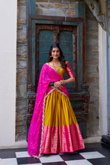 LOVELY MUSTARD YELLOW ZARI WEAVING SILK SOUTH INDIAN HALF SAREE LEHENGA