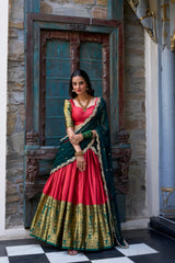 ATTRACTIVE RED ZARI WEAVING SILK FESTIVAL WEAR HALF SAREE LEHENGA